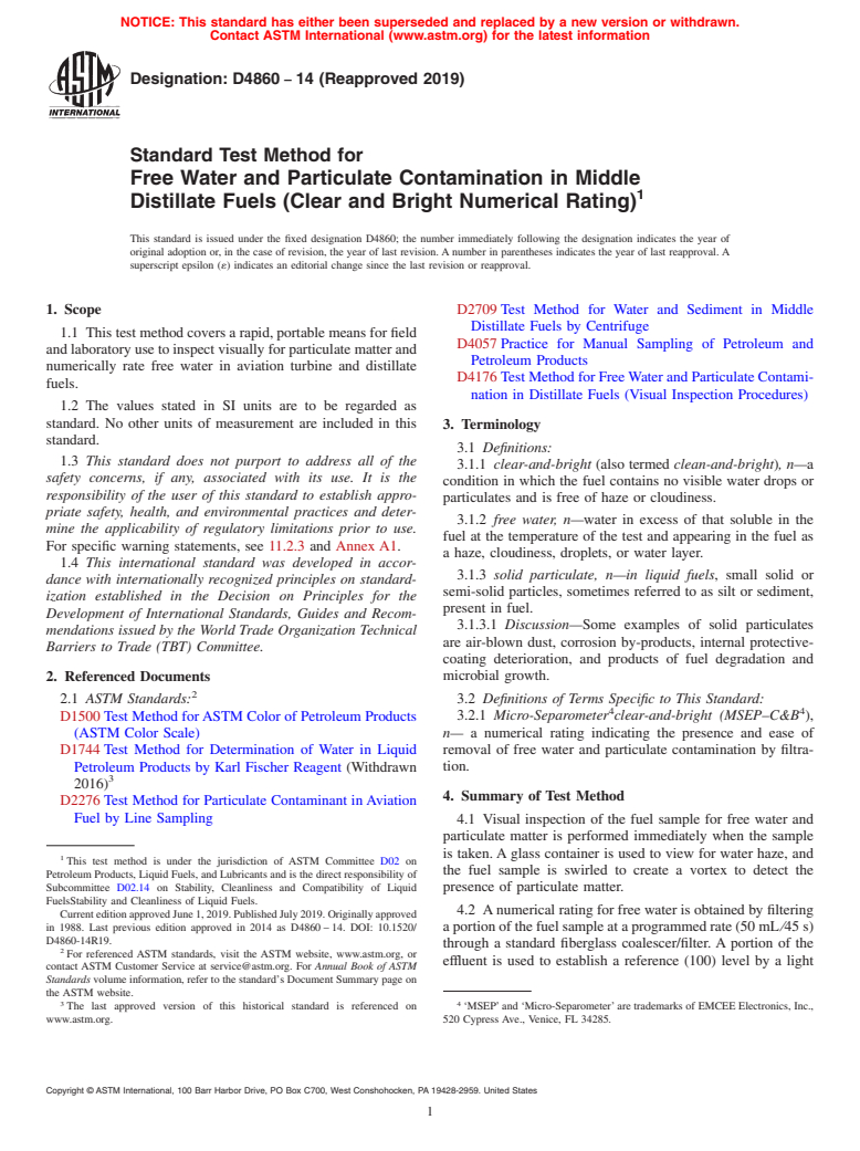 ASTM D4860-14(2019) - Standard Test Method for  Free Water and Particulate Contamination in Middle Distillate   Fuels (Clear and Bright Numerical Rating)