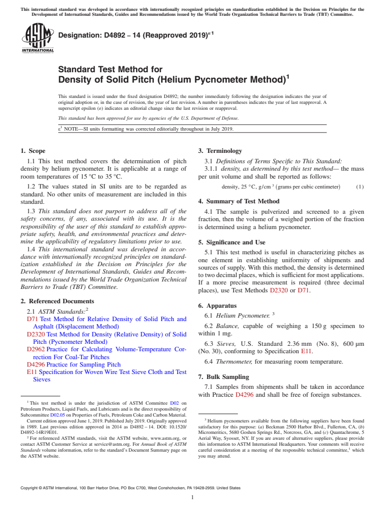 ASTM D4892-14(2019)e1 - Standard Test Method for  Density of Solid Pitch (Helium Pycnometer Method)