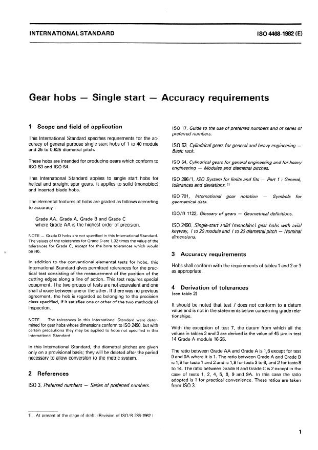 ISO 4468:1982 - Gear hobs -- Single start -- Accuracy requirements