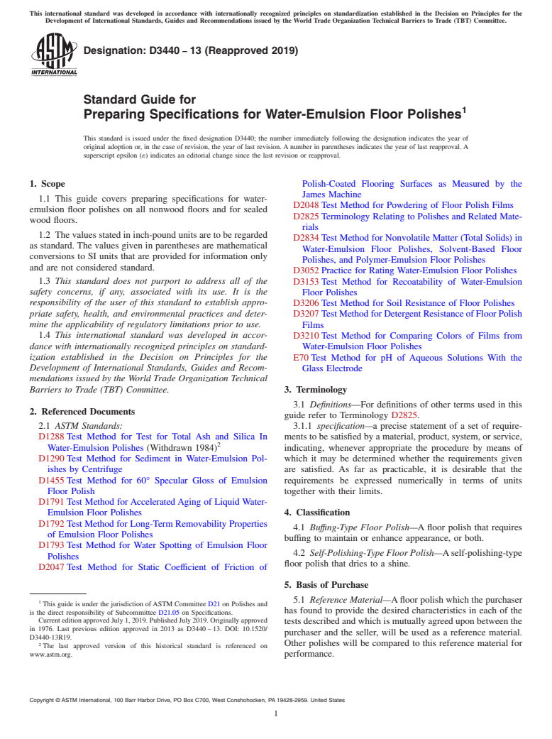 ASTM D3440-13(2019) - Standard Guide for  Preparing Specifications for Water-Emulsion Floor Polishes