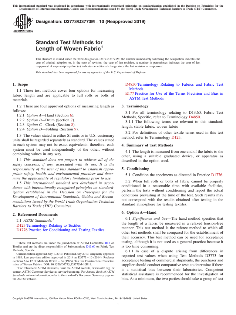 ASTM D3773/D3773M-10(2019) - Standard Test Methods for  Length of Woven Fabric