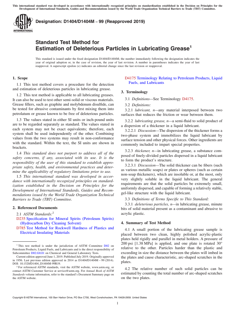 ASTM D1404/D1404M-99(2019) - Standard Test Method for  Estimation of Deleterious Particles in Lubricating Grease