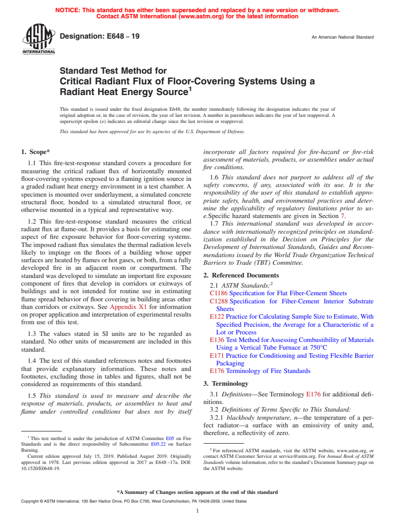 ASTM E648-19 - Standard Test Method for  Critical Radiant Flux of Floor-Covering Systems Using a Radiant  Heat Energy Source