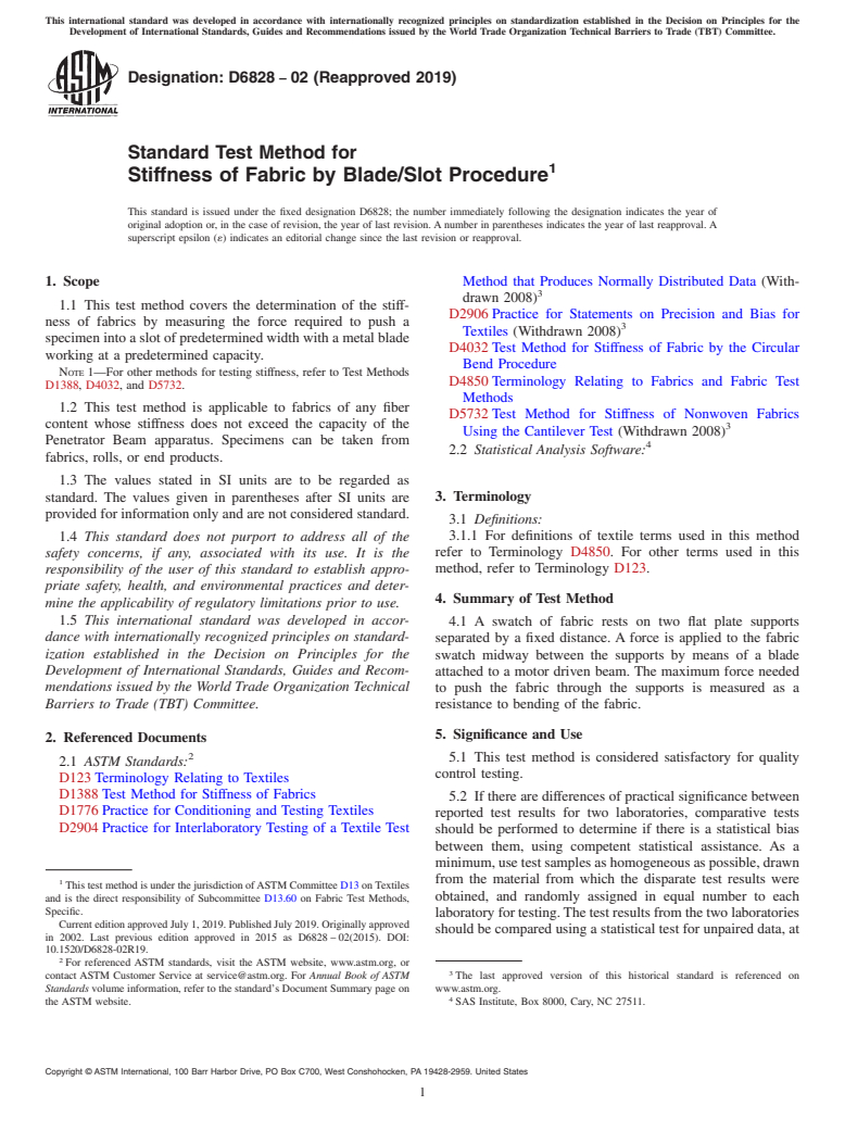 ASTM D6828-02(2019) - Standard Test Method for  Stiffness of Fabric by Blade/Slot Procedure