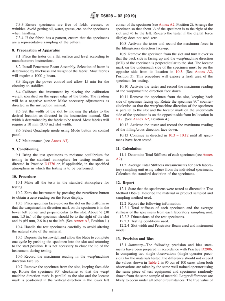 ASTM D6828-02(2019) - Standard Test Method for  Stiffness of Fabric by Blade/Slot Procedure