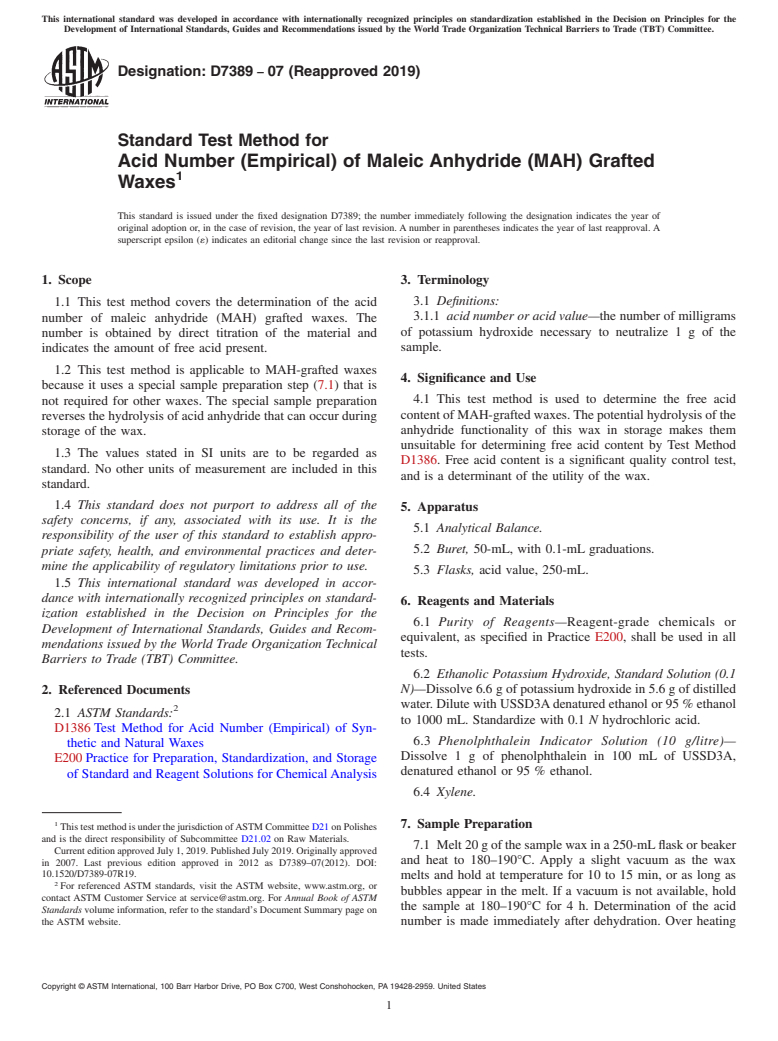 ASTM D7389-07(2019) - Standard Test Method for  Acid Number (Empirical) of Maleic Anhydride (MAH) Grafted Waxes