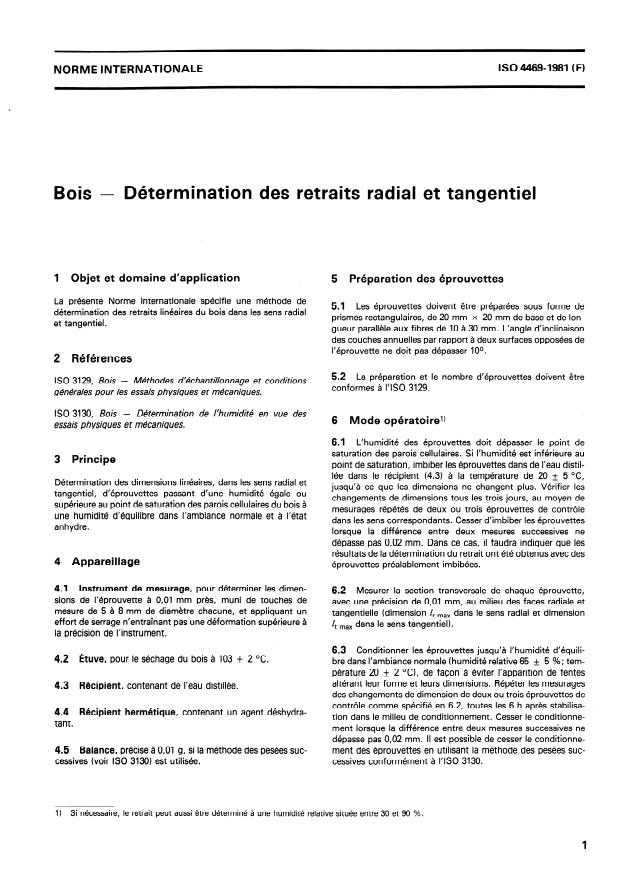 ISO 4469:1981 - Bois -- Détermination des retraits radial et tangentiel