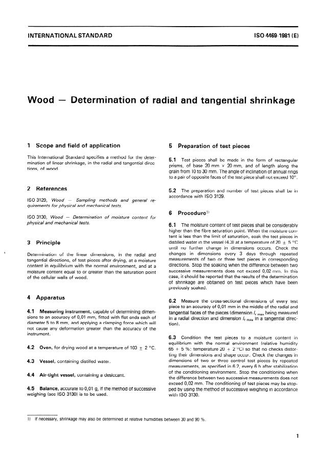 ISO 4469:1981 - Wood -- Determination of radial and tangential shrinkage