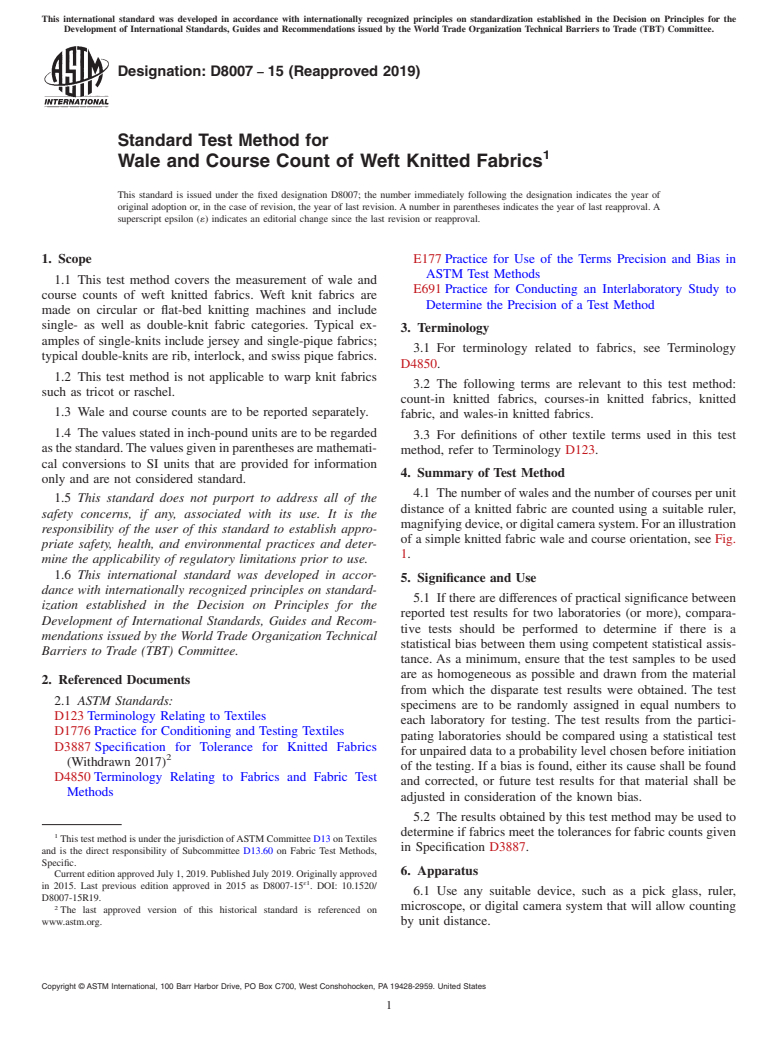 ASTM D8007-15(2019) - Standard Test Method for Wale and Course Count of Weft Knitted Fabrics