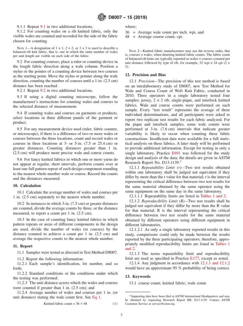 ASTM D8007-15(2019) - Standard Test Method for Wale and Course Count of Weft Knitted Fabrics