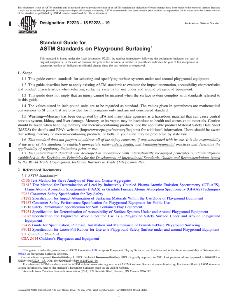REDLINE ASTM F2223-19 - Standard Guide for ASTM Standards on Playground Surfacing