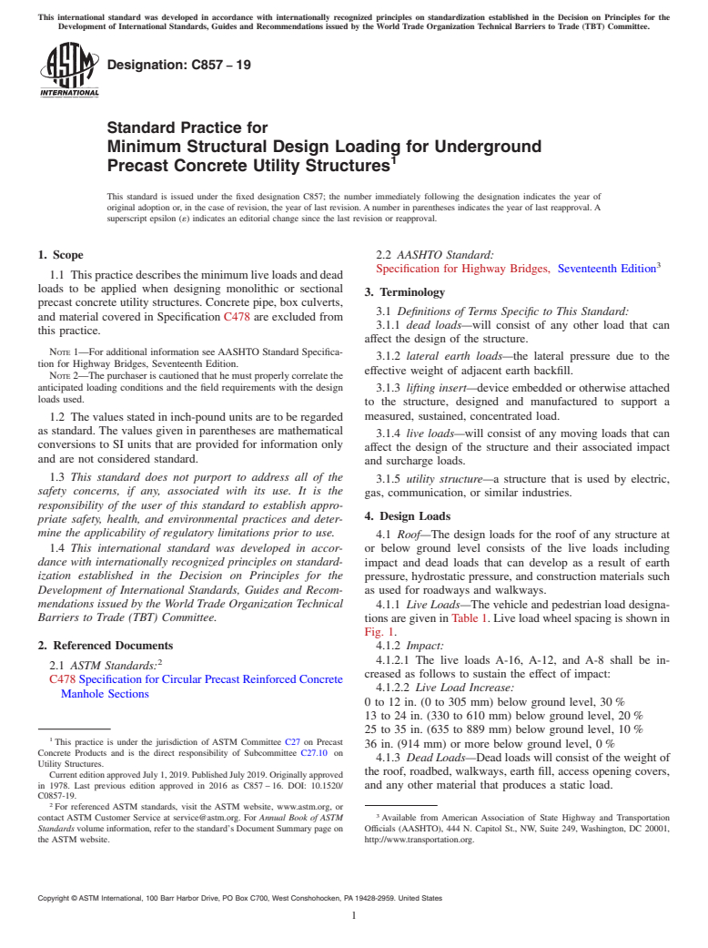 ASTM C857-19 - Standard Practice for Minimum Structural Design Loading for Underground Precast Concrete  Utility Structures