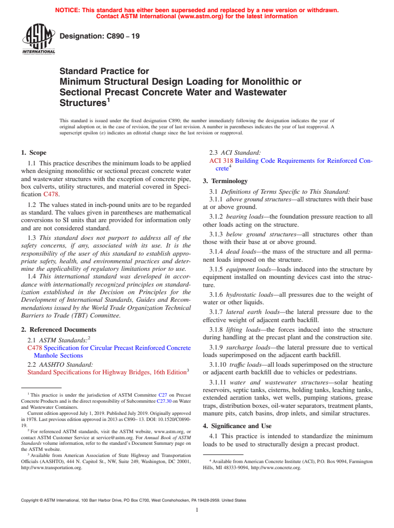 ASTM C890-19 - Standard Practice for  Minimum Structural Design Loading for Monolithic or Sectional   Precast Concrete Water and Wastewater Structures