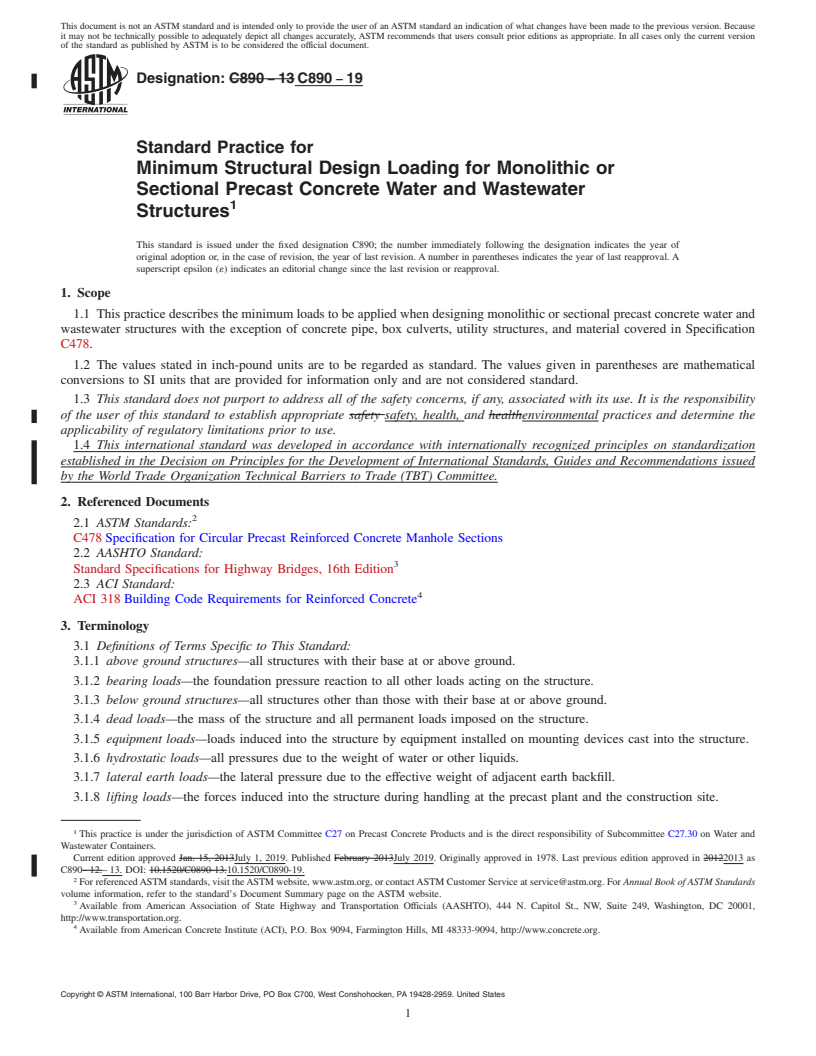 REDLINE ASTM C890-19 - Standard Practice for  Minimum Structural Design Loading for Monolithic or Sectional   Precast Concrete Water and Wastewater Structures