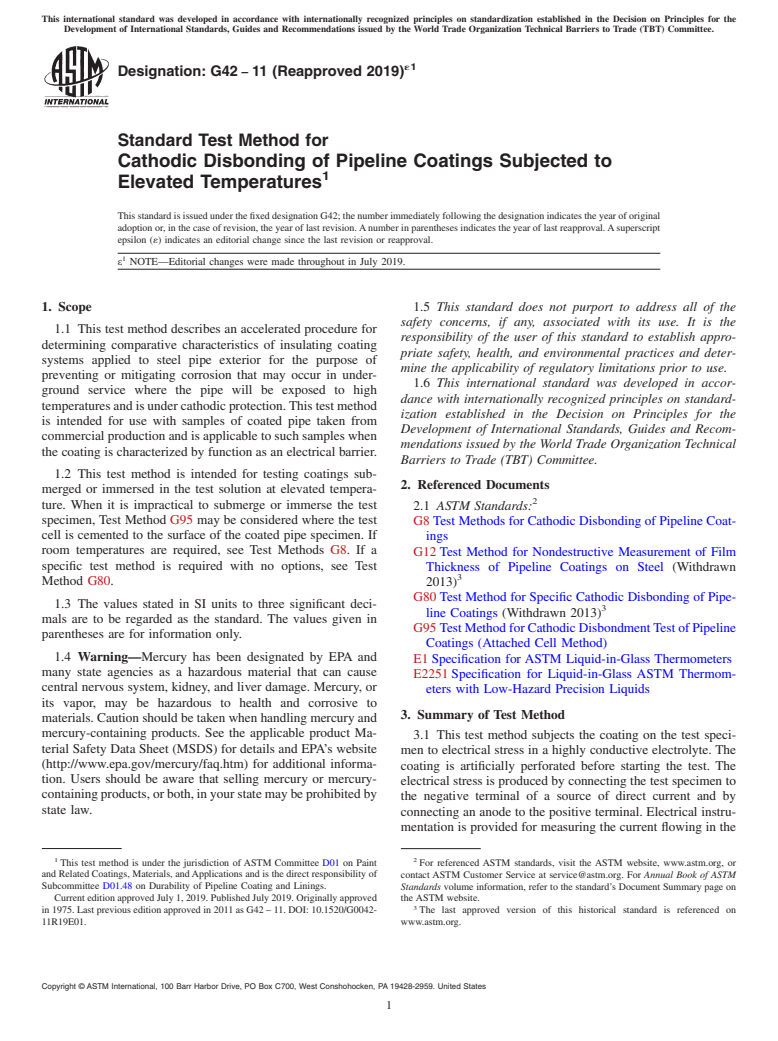 ASTM G42-11(2019)e1 - Standard Test Method for Cathodic Disbonding of Pipeline Coatings Subjected to Elevated   Temperatures