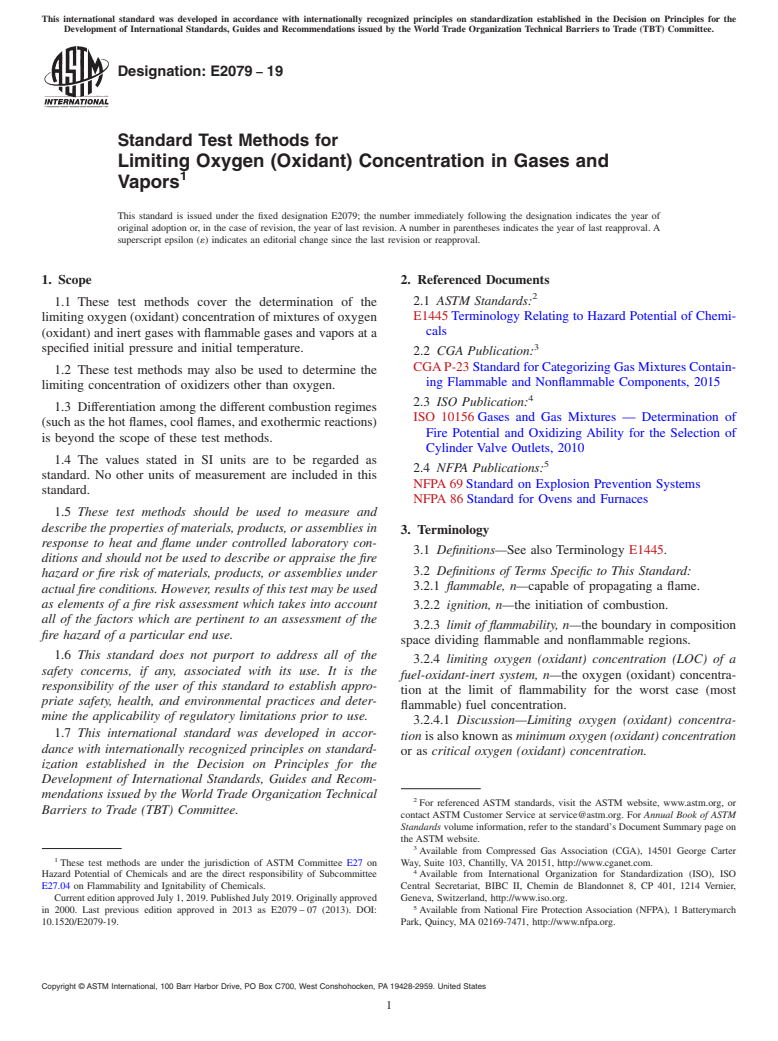 ASTM E2079-19 - Standard Test Methods for  Limiting Oxygen (Oxidant) Concentration in Gases and Vapors