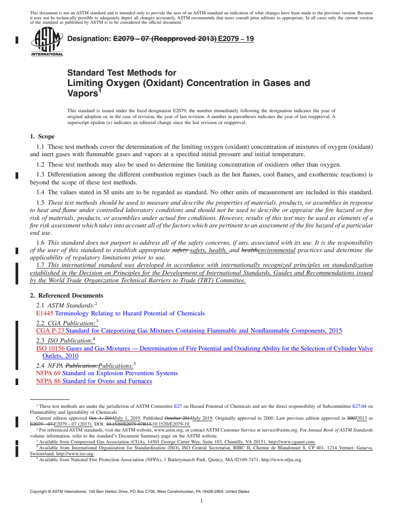 REDLINE ASTM E2079-19 - Standard Test Methods for  Limiting Oxygen (Oxidant) Concentration in Gases and Vapors