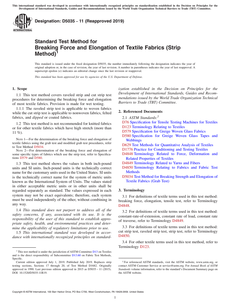 ASTM D5035-11(2019) - Standard Test Method for  Breaking Force and Elongation of Textile Fabrics (Strip Method)