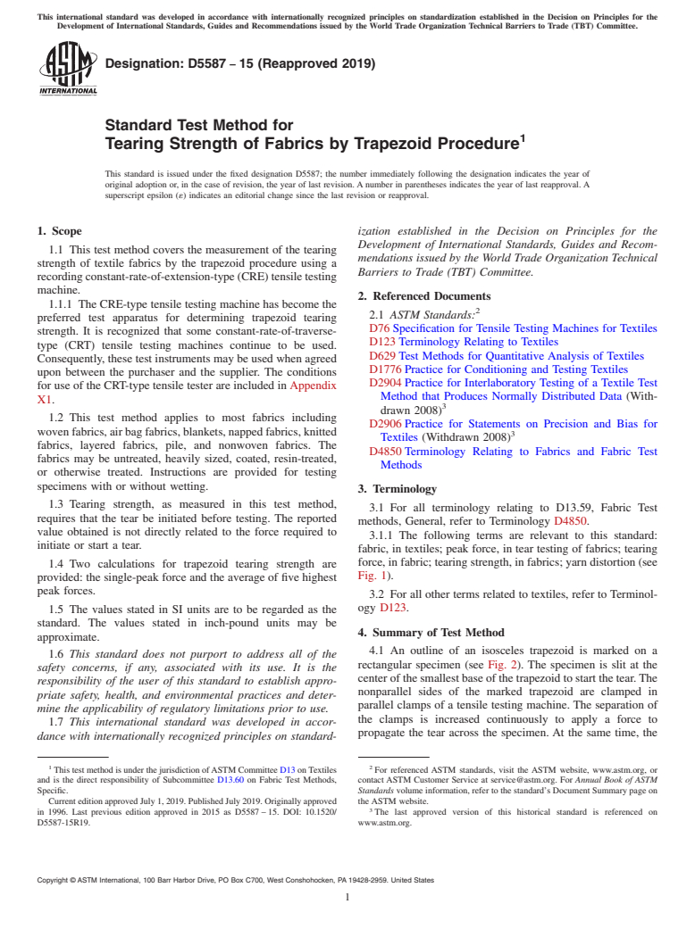 ASTM D5587-15(2019) - Standard Test Method for  Tearing Strength of Fabrics by Trapezoid Procedure