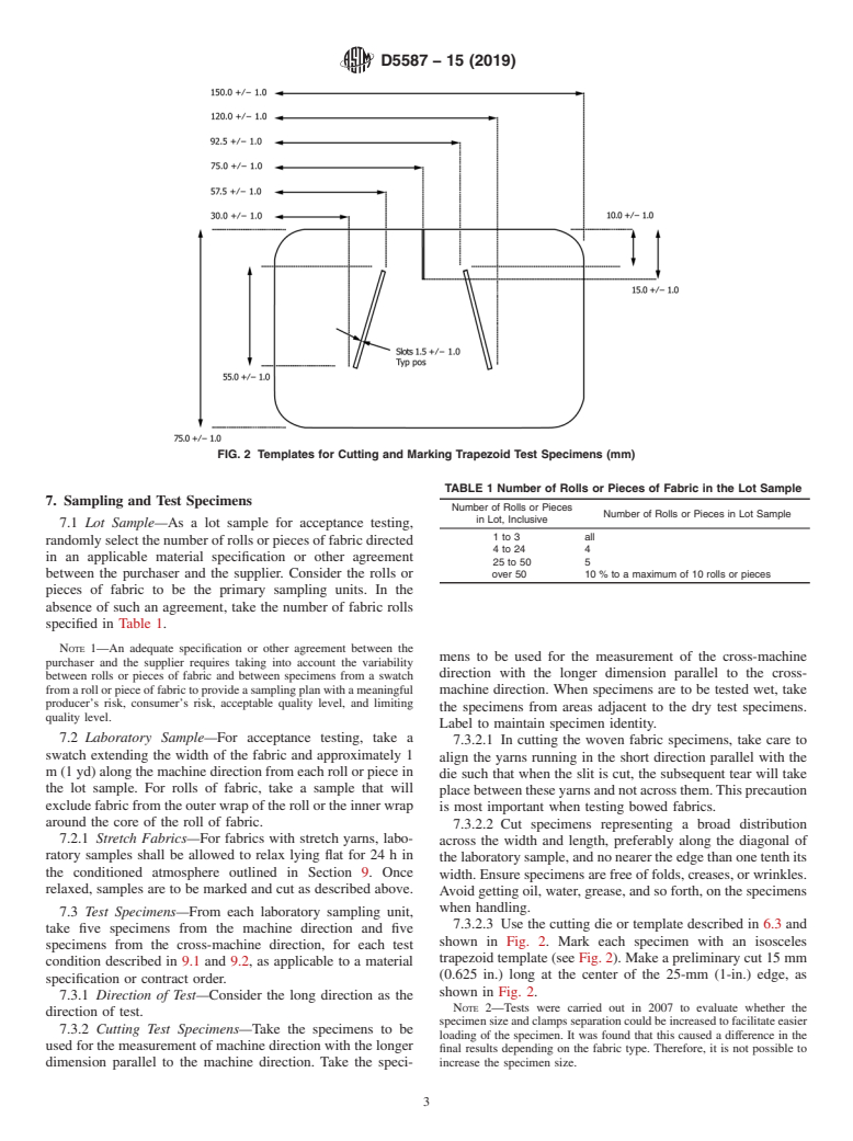 ASTM D5587-15(2019) - Standard Test Method for  Tearing Strength of Fabrics by Trapezoid Procedure