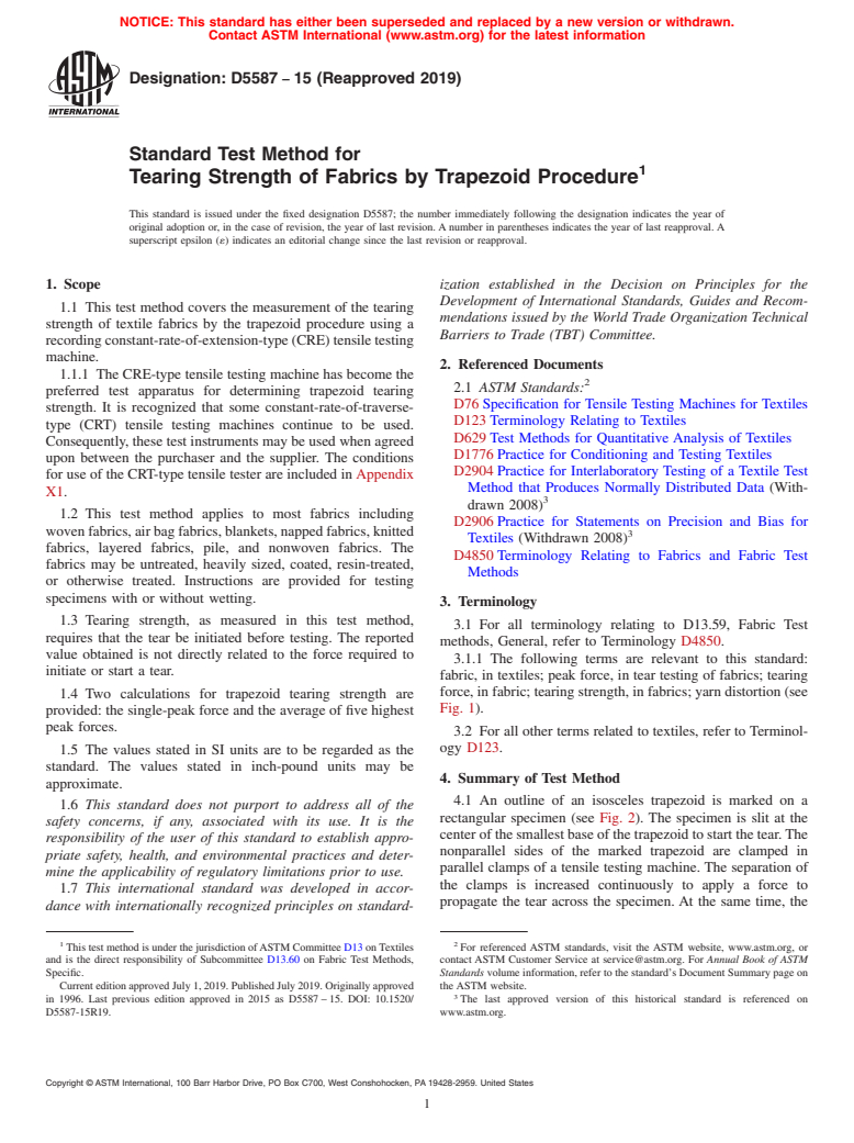 ASTM D5587-15(2019) - Standard Test Method for  Tearing Strength of Fabrics by Trapezoid Procedure