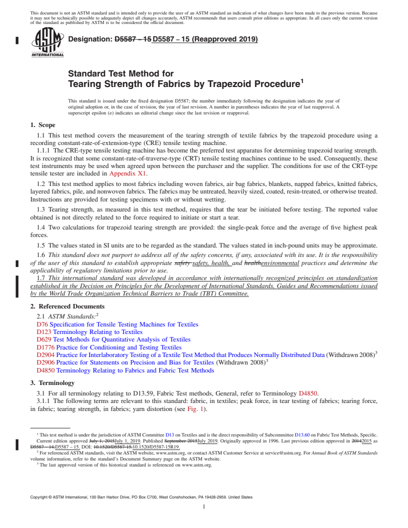 REDLINE ASTM D5587-15(2019) - Standard Test Method for  Tearing Strength of Fabrics by Trapezoid Procedure