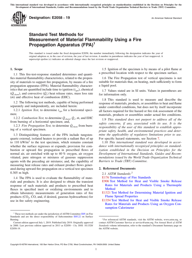 ASTM E2058-19 - Standard Test Methods for Measurement of Material Flammability Using a Fire Propagation  Apparatus (FPA)