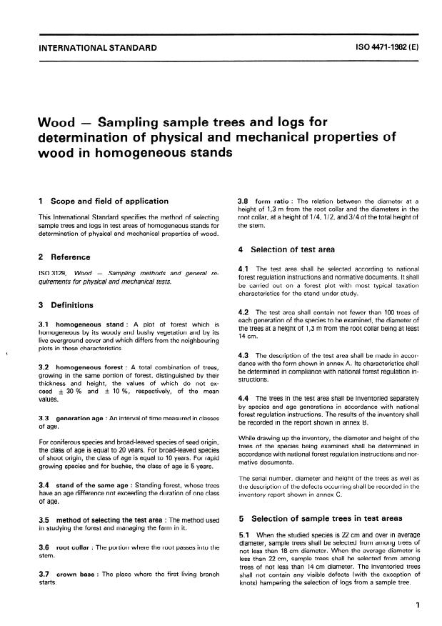 ISO 4471:1982 - Wood -- Sampling sample trees and logs for determination of physical and mechanical properties of wood in homogeneous stands