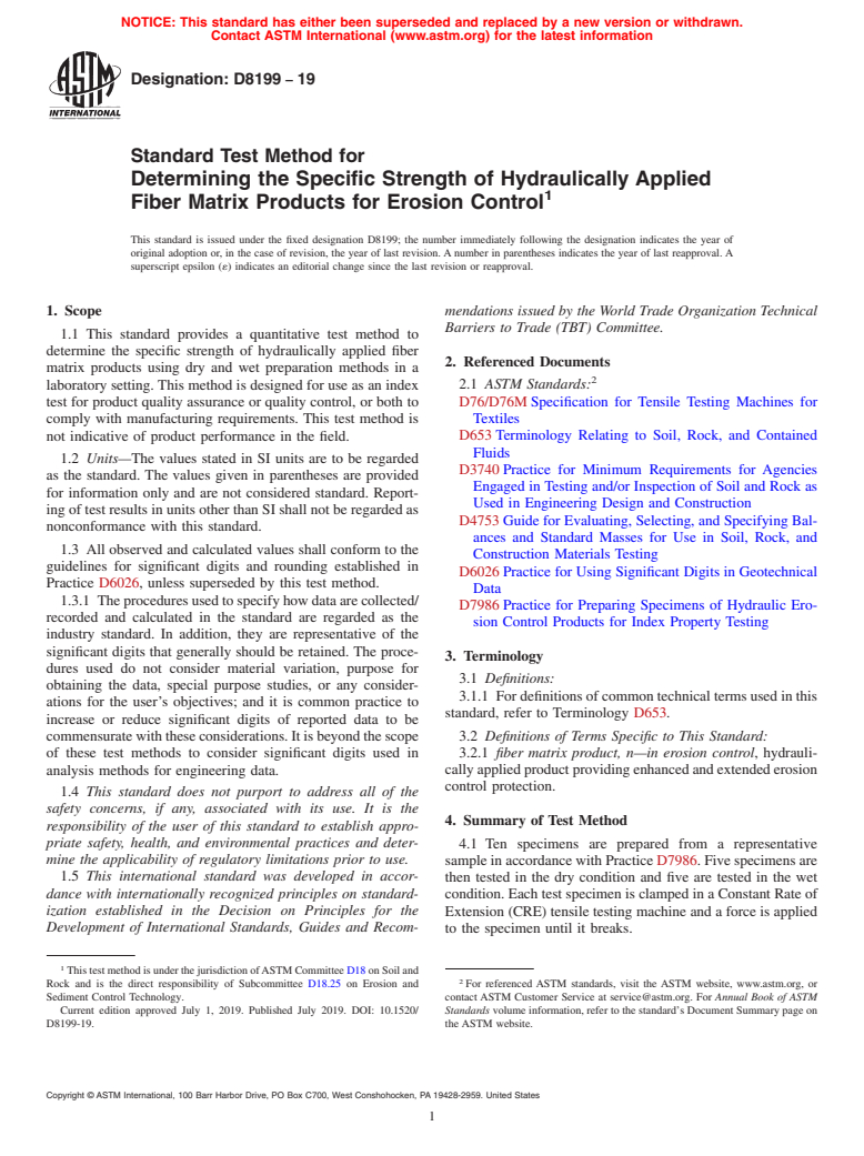 ASTM D8199-19 - Standard Test Method for Determining the Specific Strength of Hydraulically Applied  Fiber Matrix Products for Erosion Control
