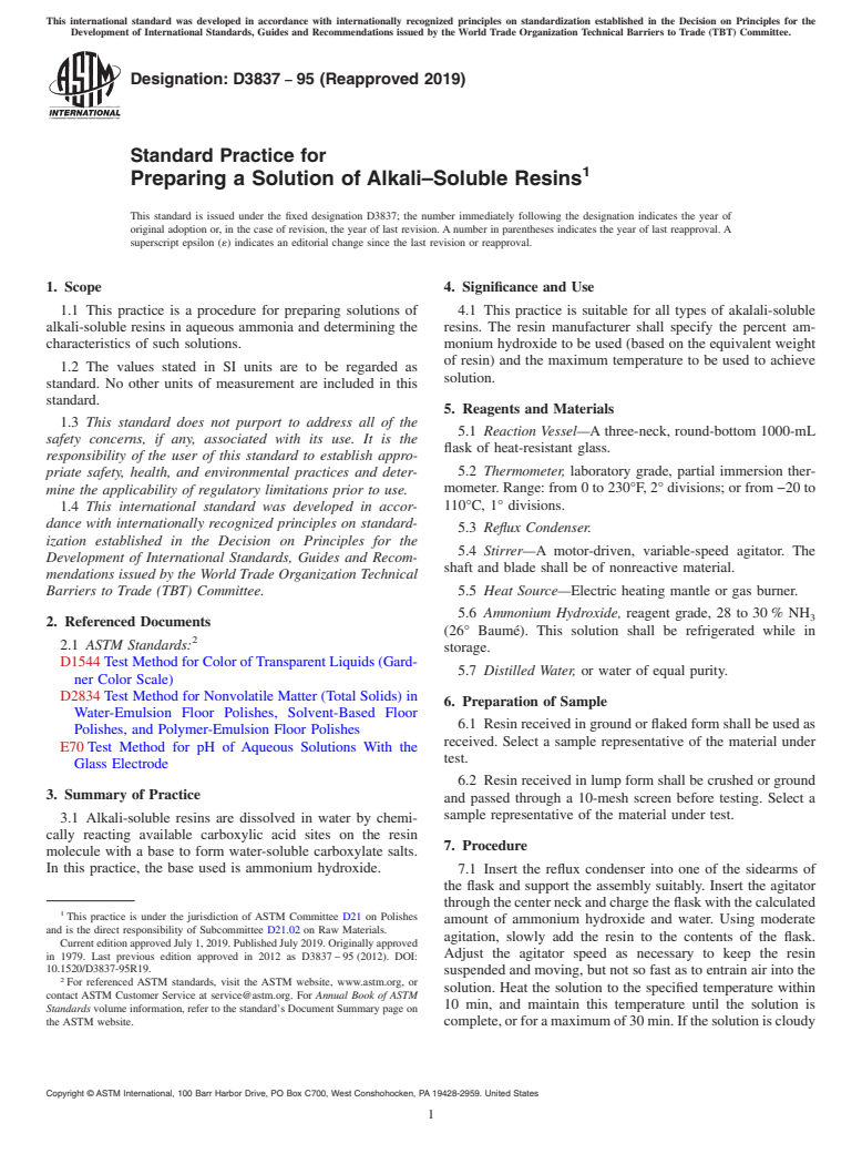 ASTM D3837-95(2019) - Standard Practice for  Preparing a Solution of Alkali&#x2013;Soluble Resins