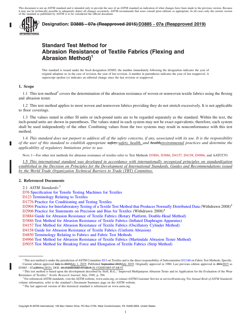 REDLINE ASTM D3885-07a(2019) - Standard Test Method for  Abrasion Resistance of Textile Fabrics (Flexing and Abrasion  Method)