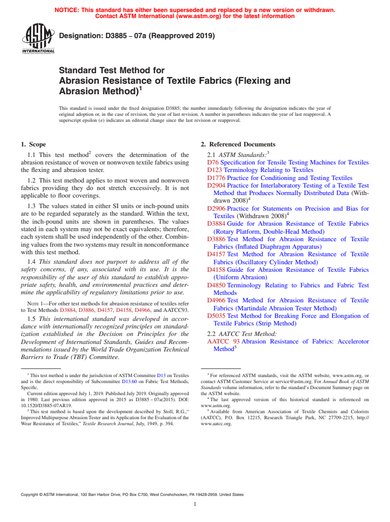 ASTM D3885-07a(2019) - Standard Test Method for  Abrasion Resistance of Textile Fabrics (Flexing and Abrasion  Method)