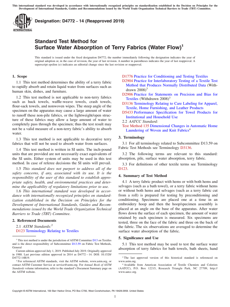 ASTM D4772-14(2019) - Standard Test Method for  Surface Water Absorption of Terry Fabrics (Water Flow)