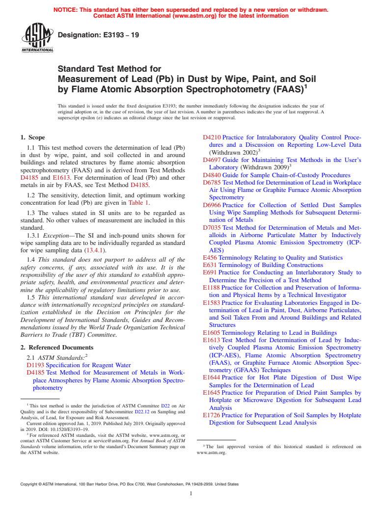 ASTM E3193-19 - Standard Test Method for Measurement of Lead (Pb) in Dust by Wipe, Paint, and Soil by  Flame Atomic Absorption Spectrophotometry (FAAS)