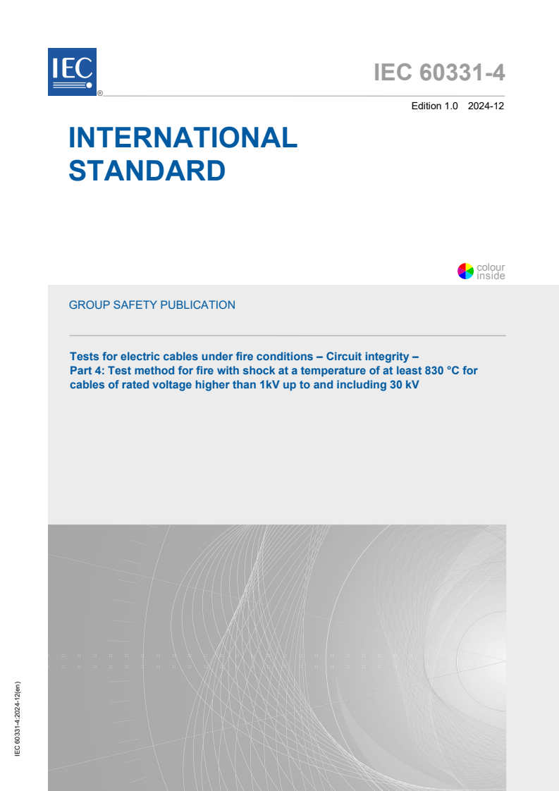 IEC 60331-4:2024 - Tests for electric cables under fire conditions – Circuit integrity – Part 4: Test method for fire with shock at a temperature of at least 830 °C for cables of rated voltage higher than 1 kV up to and including 30 kV
Released:9. 12. 2024
Isbn:9782832700723