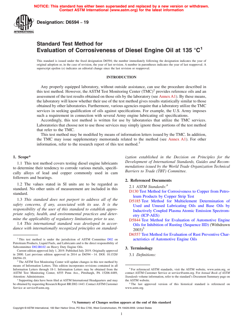 ASTM D6594-19 - Standard Test Method for  Evaluation of Corrosiveness of Diesel Engine Oil at 135&#x2009;&#xb0;C