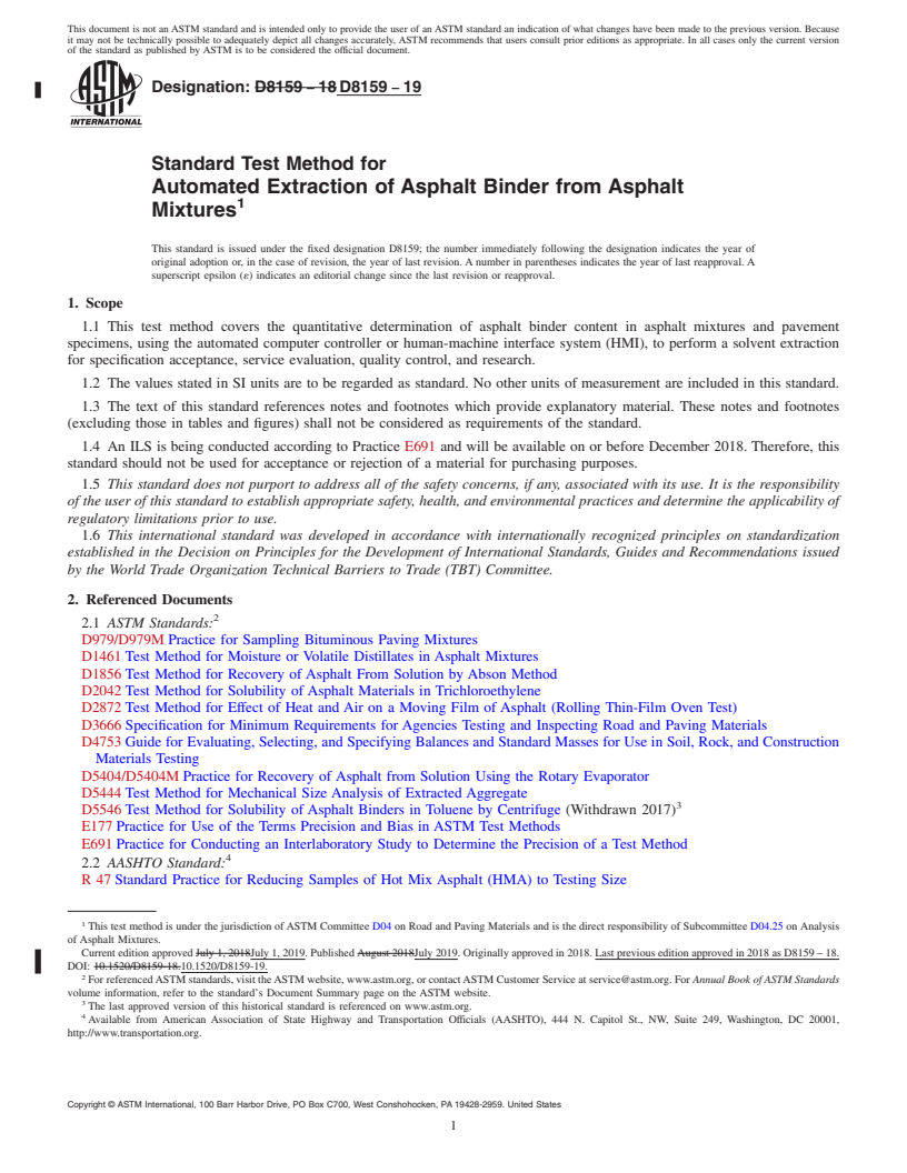 REDLINE ASTM D8159-19 - Standard Test Method for Automated Extraction of Asphalt Binder from Asphalt Mixtures
