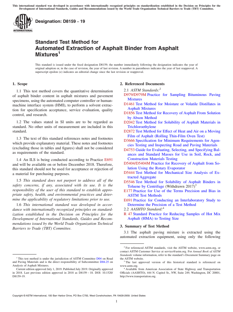 ASTM D8159-19 - Standard Test Method for Automated Extraction of Asphalt Binder from Asphalt Mixtures