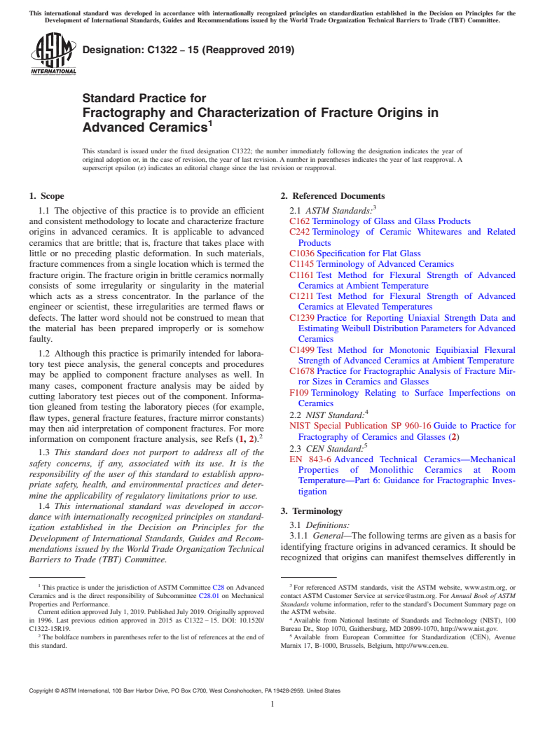 ASTM C1322-15(2019) - Standard Practice for Fractography and Characterization of Fracture Origins in Advanced   Ceramics