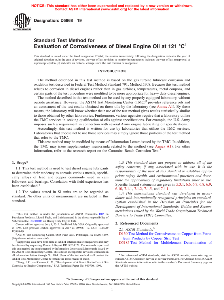 ASTM D5968-19 - Standard Test Method for  Evaluation of Corrosiveness of Diesel Engine Oil at 121&#x2009;&#xb0;C