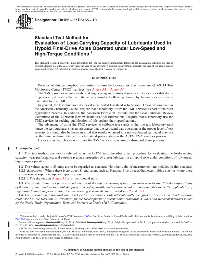 REDLINE ASTM D8165-19 - Standard Test Method for Evaluation of Load-Carrying Capacity of Lubricants Used in  Hypoid Final-Drive Axles Operated under Low-Speed and High-Torque  Conditions