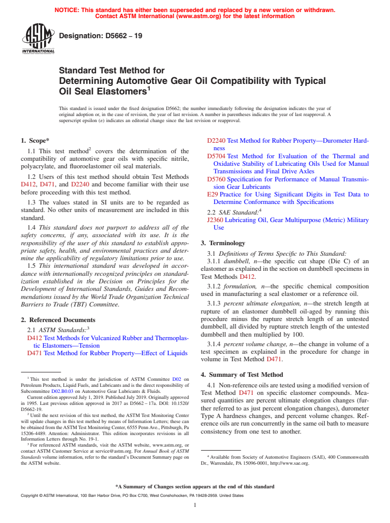 ASTM D5662-19 - Standard Test Method for Determining Automotive Gear Oil Compatibility with Typical  Oil Seal Elastomers