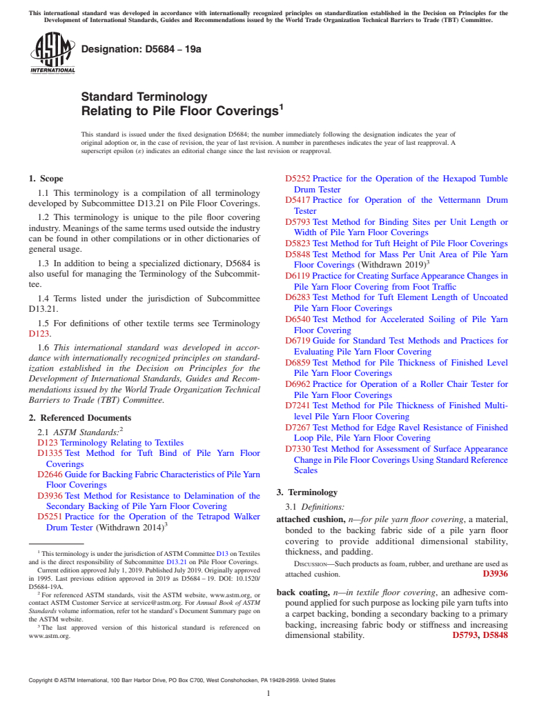 ASTM D5684-19a - Standard Terminology  Relating to Pile Floor Coverings