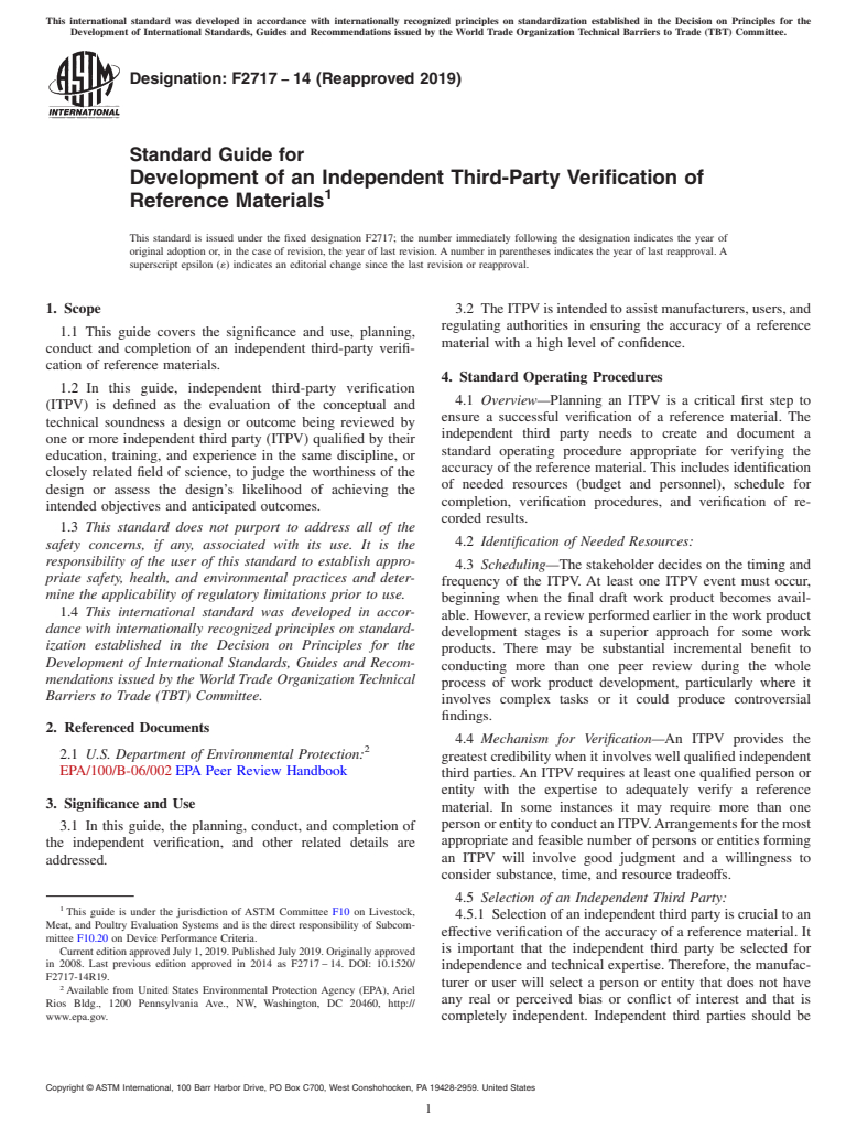 ASTM F2717-14(2019) - Standard Guide for Development of an Independent Third-Party Verification of Reference  Materials