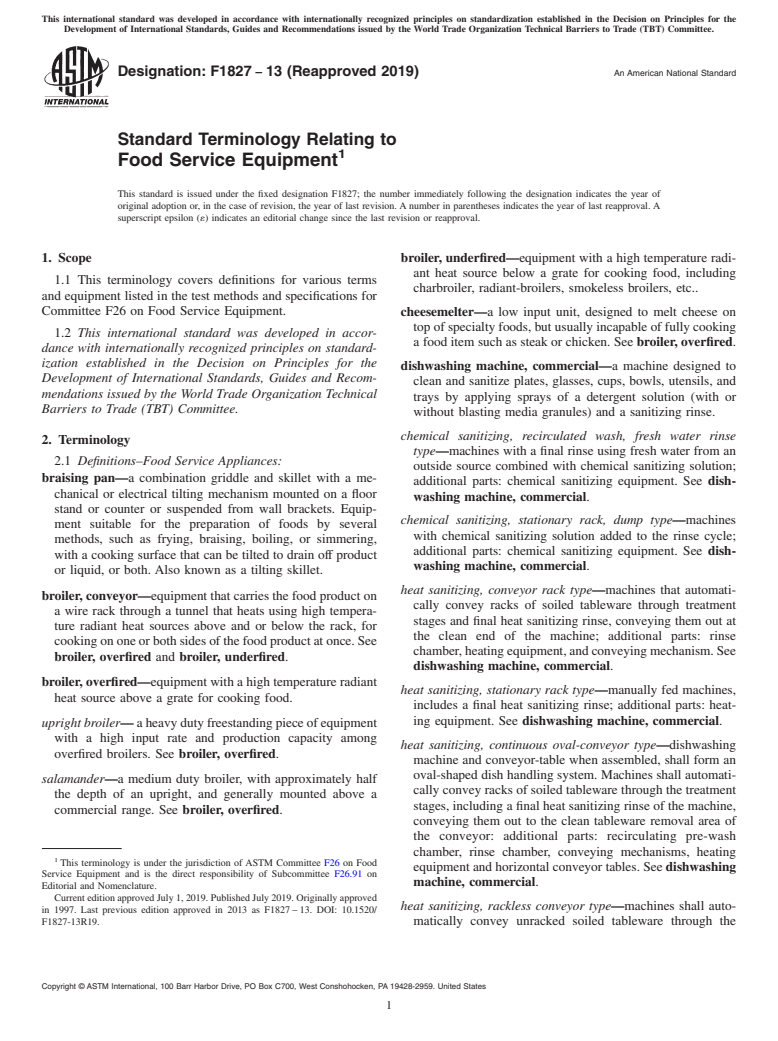 ASTM F1827-13(2019) - Standard Terminology Relating to Food Service Equipment