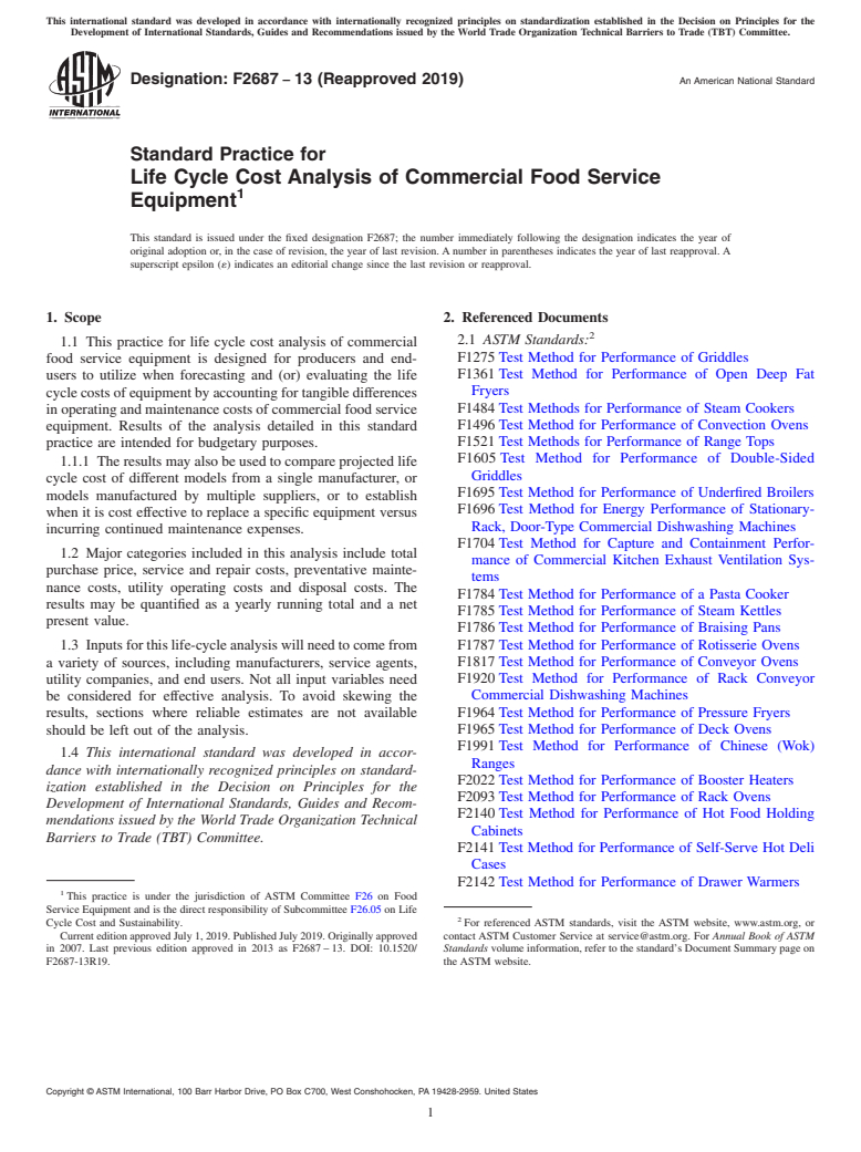 ASTM F2687-13(2019) - Standard Practice for  Life Cycle Cost Analysis of Commercial Food Service Equipment