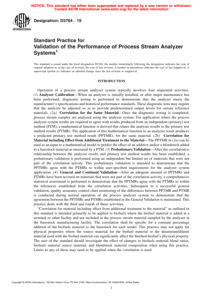 ASTM D3764-19 - Standard Practice for  Validation of the Performance of Process Stream Analyzer Systems