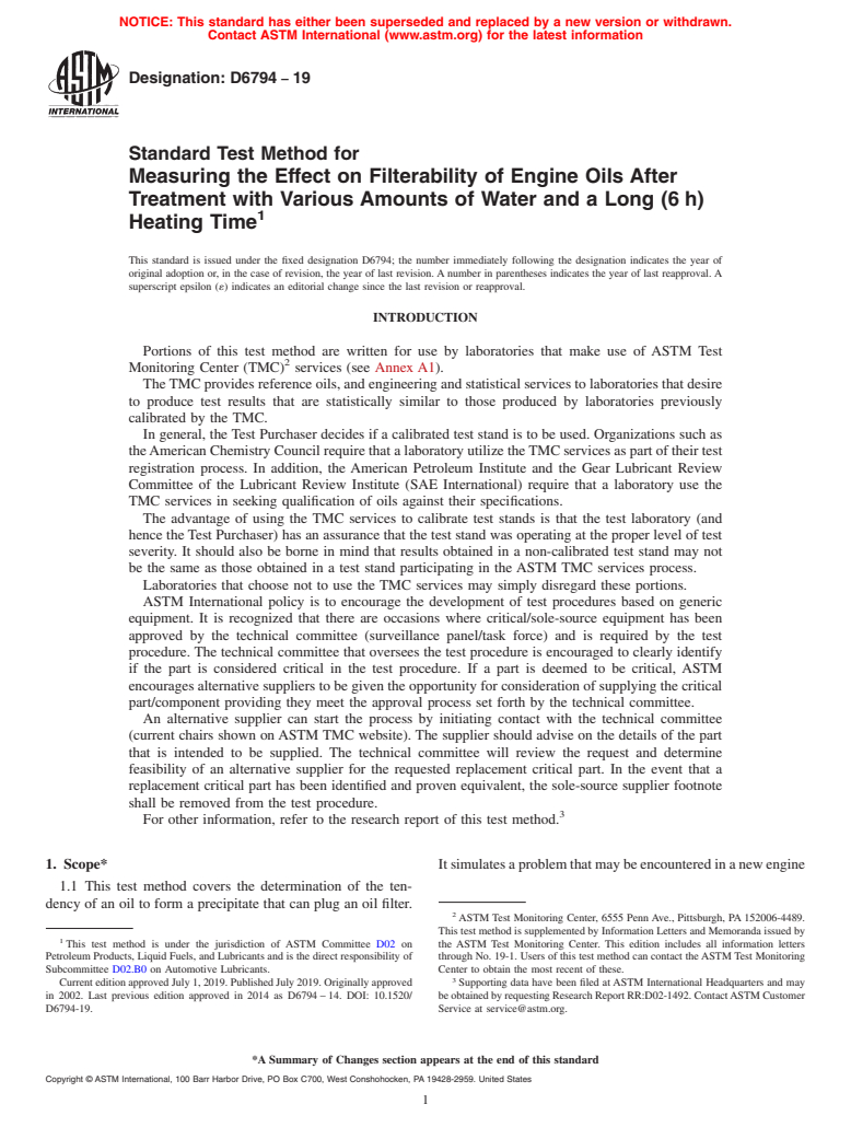 ASTM D6794-19 - Standard Test Method for  Measuring the Effect on Filterability of Engine Oils After   Treatment with Various Amounts of Water and a Long (6&#x2009;h) Heating  Time