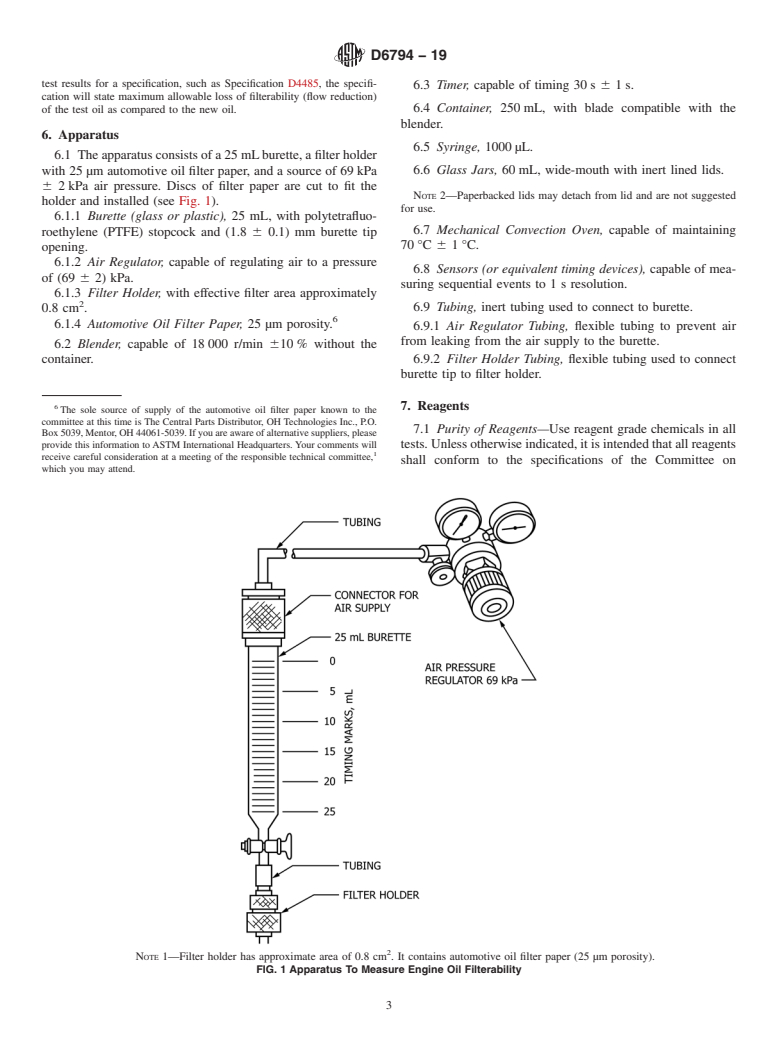 ASTM D6794-19 - Standard Test Method for  Measuring the Effect on Filterability of Engine Oils After   Treatment with Various Amounts of Water and a Long (6&#x2009;h) Heating  Time