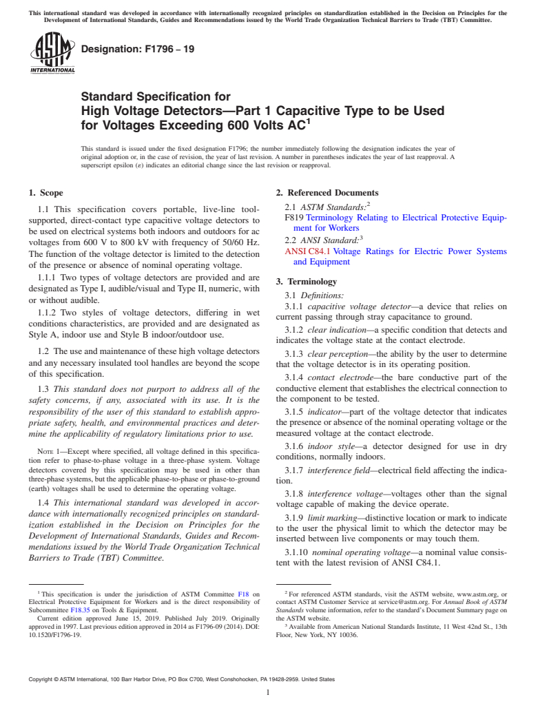 ASTM F1796-19 - Standard Specification for  High Voltage Detectors&#x2014;Part 1 Capacitive Type to be  Used for Voltages Exceeding 600 Volts AC